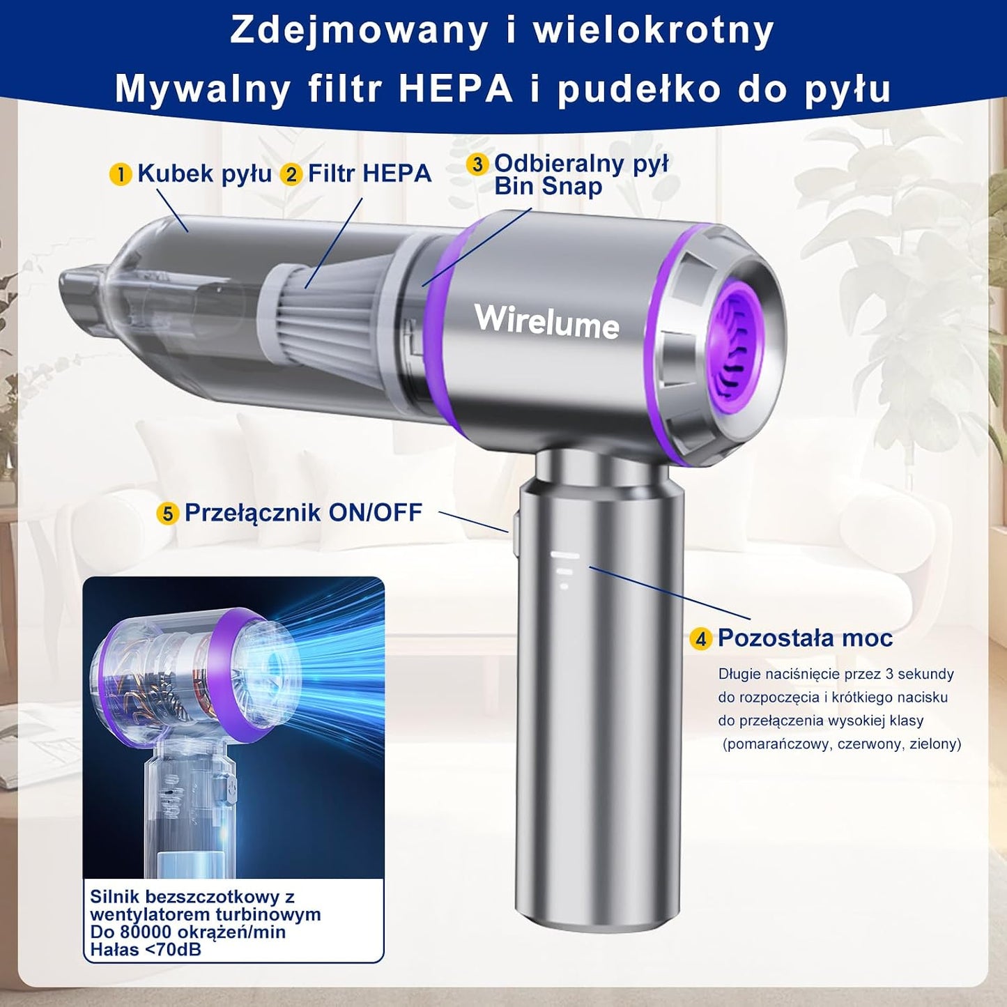 Bezprzewodowy Odkurzacz Ręczny Odkurzacz Samochodowy Miniodkurzacz mocny 22000Pa Mocny cyklonowy silnik ssący bezszczotkowy przenośny akumulatorowy lekki do sierści zwierząt pojazd biuro