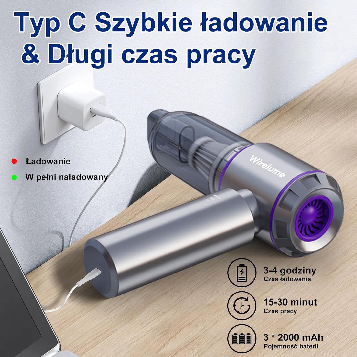 Bezprzewodowy Odkurzacz Ręczny Odkurzacz Samochodowy Miniodkurzacz mocny 22000Pa Mocny cyklonowy silnik ssący bezszczotkowy przenośny akumulatorowy lekki do sierści zwierząt pojazd biuro