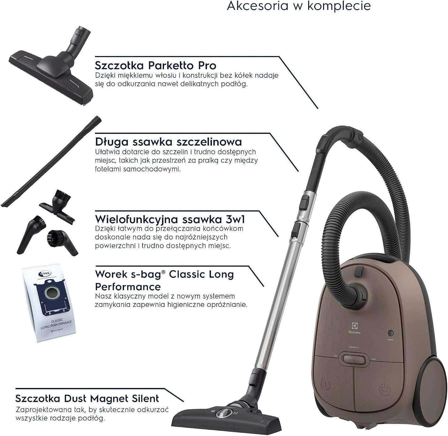Electrolux Odkurzacz Workowy Clean 600 EB61C3WBL, 73 dB, 99,99% skuteczność odkurzania, Kompaktowy rozmiar, 55% materiałów pochodzących z recyklingu, Zasięgiem 12 metrów, Brąz