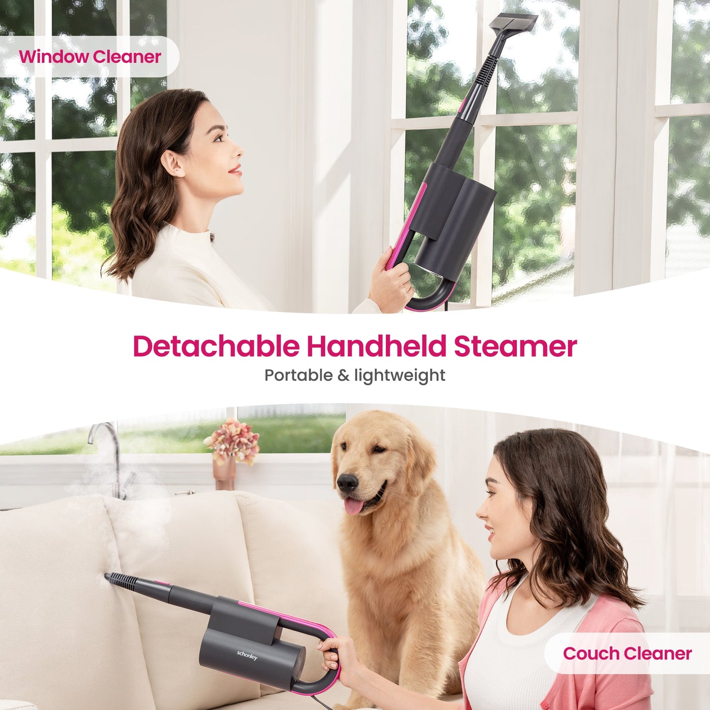Schenley 10-in-1 Steam Mop Dual-Rod Design with Detachable Handheld Steamer for Walls, Grouts, Hard Floors, Tiles, includes Multi-purpose Accessories, Washable Microfiber Pads and Disposable Pads