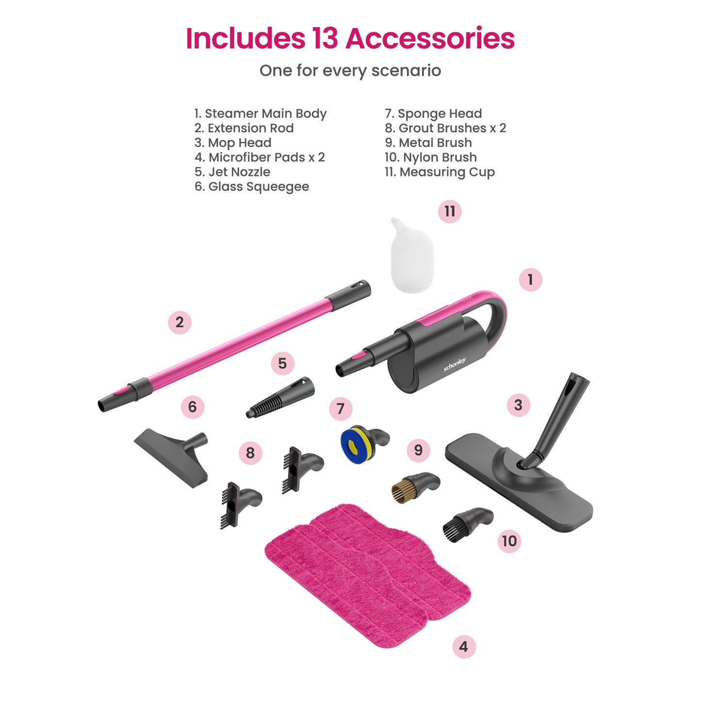 Schenley 10-in-1 Steam Mop Dual-Rod Design with Detachable Handheld Steamer for Walls, Grouts, Hard Floors, Tiles, includes Multi-purpose Accessories, Washable Microfiber Pads and Disposable Pads